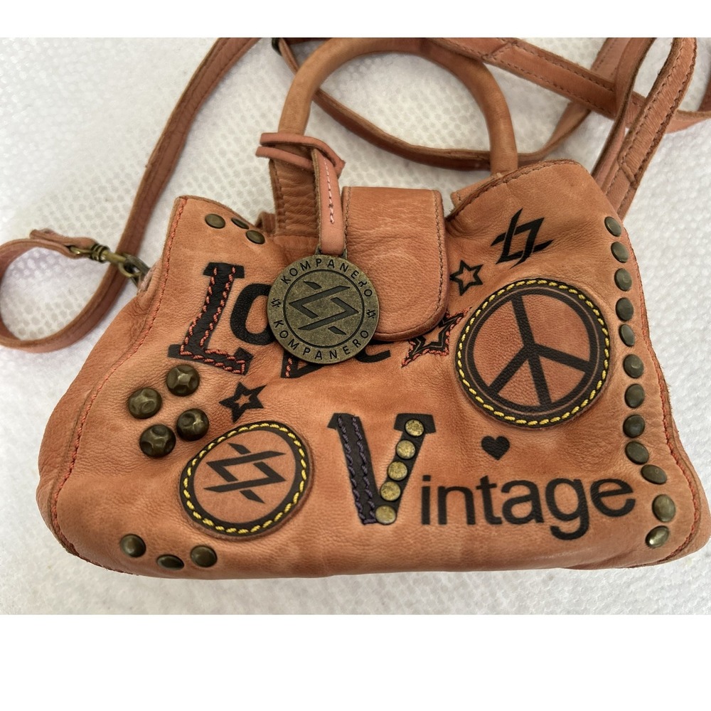 Kompanero Leather Crossbody Bag Tan Love Vintage Studded Peace Sign Handbag